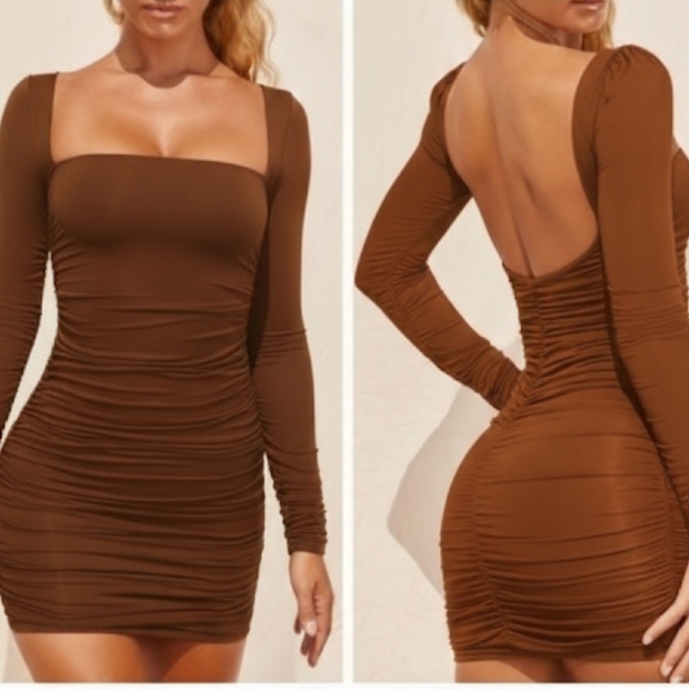 Oh Polly Flatter Me Long Sleeve Ruched Mini Dress in Brown 4